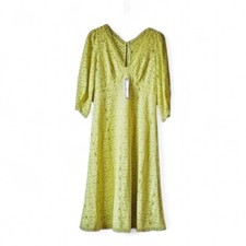 Anthropologie Lime Lace Midi Dress V-Neck A-Line Bright Neon Chartreuse NWT 6