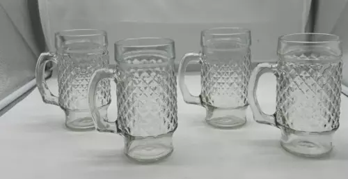 Vintage Anchor Hocking Glass Mugs Quilted Diamond Point Pattern 16 oz Set 4