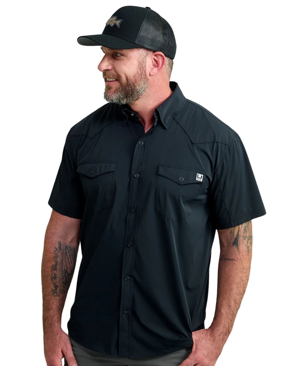 Huk Diamond Back Short Sleeve Men's Button Up Shirt, Black, Medium