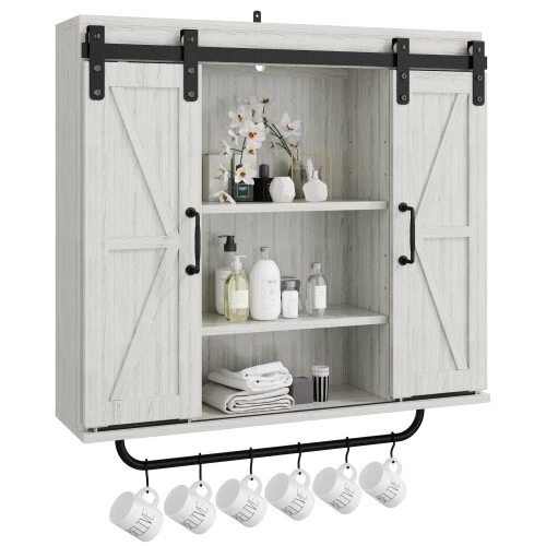 Wood Wall Storage Cabinet Rustic Farmhouse Vintage Cabinet w/ Sliding Barn Door - Image 4 of 4