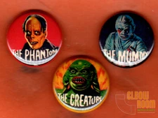 Set of three 1" Universal Monsters pinback buttons pins reproduction Mummy