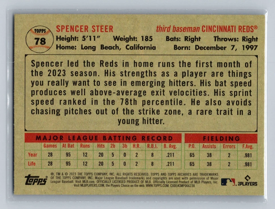 Spencer Steer Cincinnati Reds 2023 Topps Archives #78 Rookie Card - Image 2 of 2