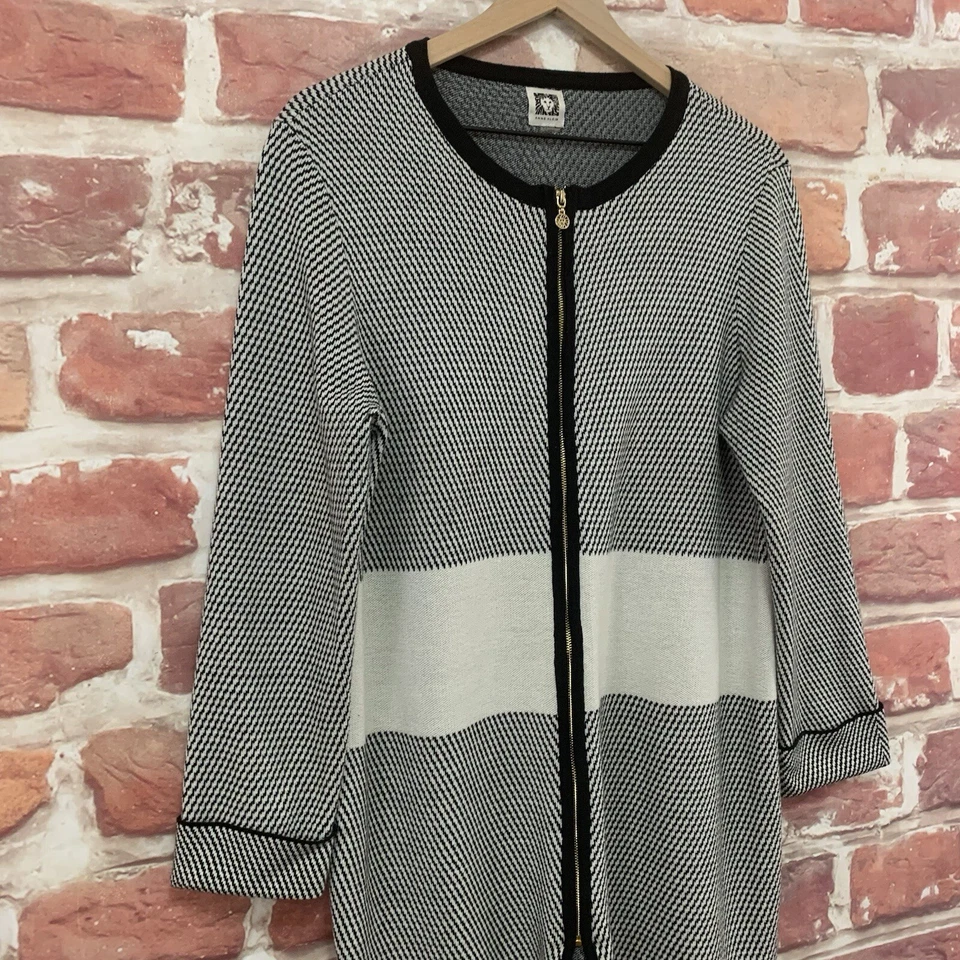 Anne Klein Sweater Dress Womens Large Black White Striped Knit Casual Logo Zip - Image 3 of 4