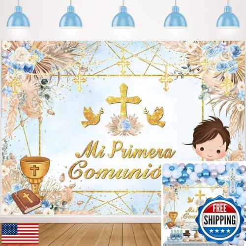 Mi Primera Comunión Baptism Backdrop for Boy First Holy Communion Christening