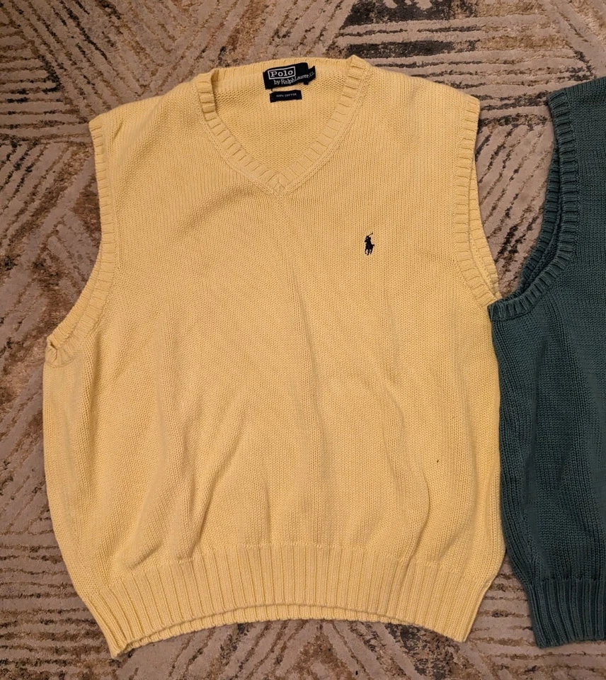 De Colección Polo Ralph Lauren Lote De 2 Para Hombres Amarillo Verde Cuello en V Suéter Chalecos X-Grandes Foto 3 de 4