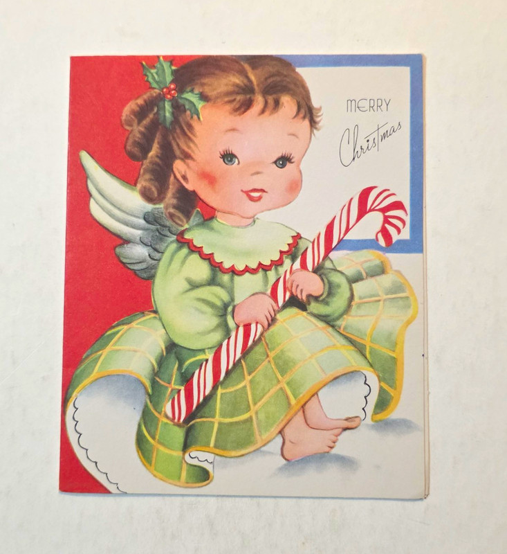 Vintage Merry Christmas Greeting Card Angel Girl w/ Candy Cane