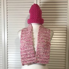 NWT Handmade Crocheted Kids Pink White Textured Beanie Scarf 29