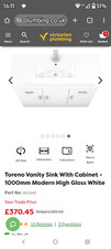 Toreno 1000mm wide Gloss White Vanity Unit with basin 400mm deep