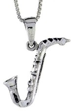925 Sterling Silver Antiqued Finished Saxophone Pendant 7/8 22mm Inch Tall