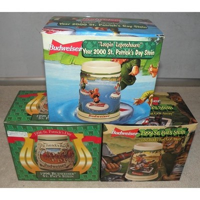 Vtg Lot 3 Budweiser St. Patrick s Day Steins 1996 1999 2000 New In Box COA