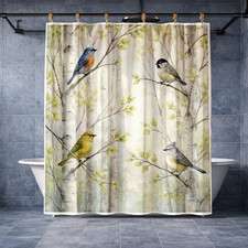 Birds and Leaves Colorful Fabric Shower Curtain Nature Bathroom Decor