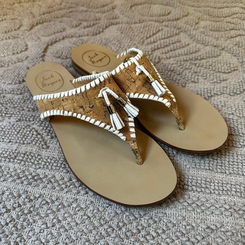 Jack Rogers tan cork white trim tassel leather thong sandal SIZE 9