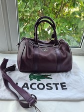 Lacoste Leather Tote Bowler Bag Burgundy Barrel Shoulder Grab Handbag Medium