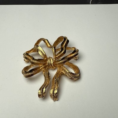 Monet Ribbon Bow Brooch Pin Brushed Texture Gold Tone Signed