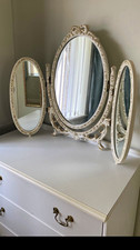 White Ornate Tri-Fold Tabletop Vanity Mirror, Oval Panels, Folding Stand