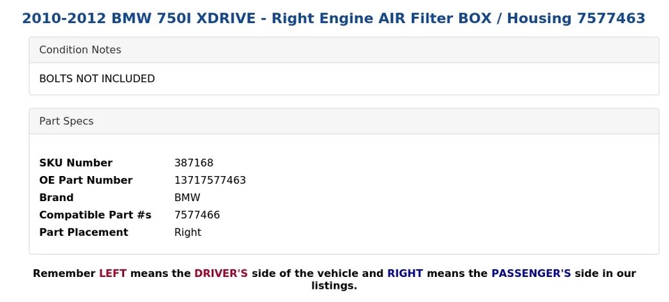 2010-2012 BMW 750I XDRIVE - Right Engine AIR Filter BOX / Housing 7577463 - Image 4 of 4