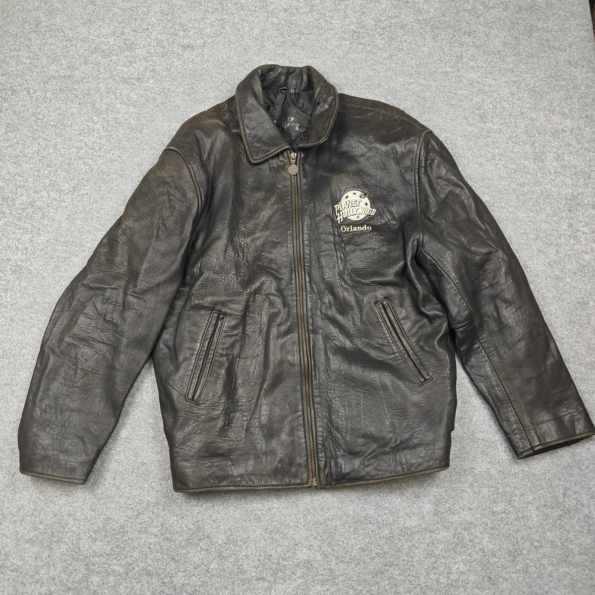 Vintage Planet Hollywood Jacket Mens Medium Black Leather Orlando Back Logo
