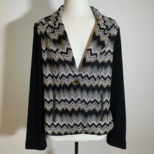 Chicos Size 1 Metallic Black Gold Shimmer Chevron Blazer Jacket Womens Medium M