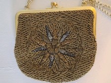 Vtg La Regale Beaded Purse Bag Evening Gold Gunmetal Starburst Flower Chain Clam