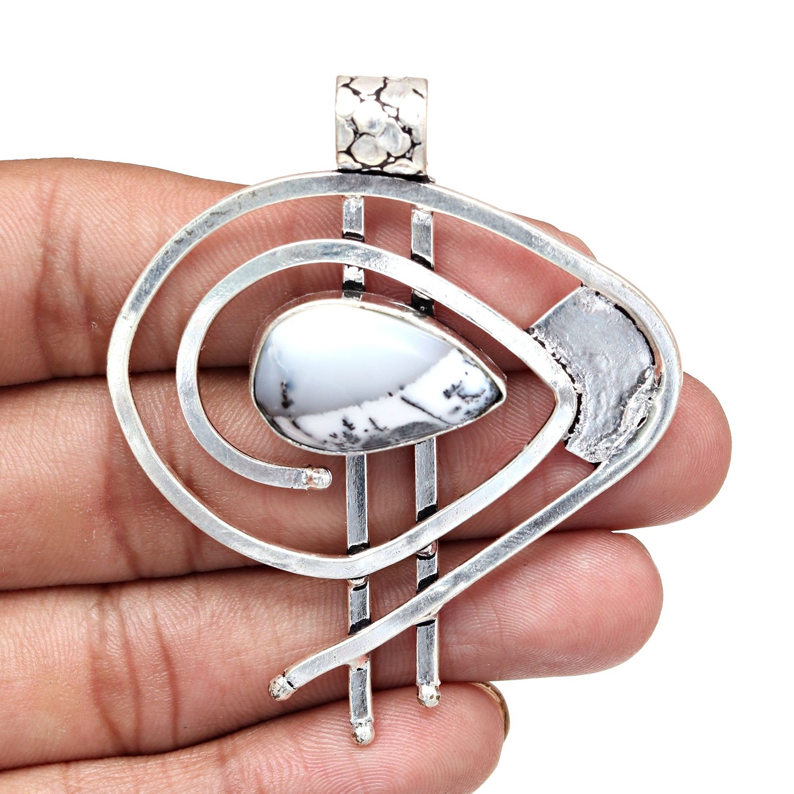 Handmade Silver Opal Dendritic Pendant Ethnic Jewelry 2.5 Inch