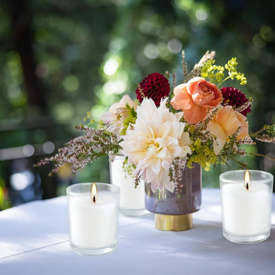 48 Pack White Unscented Clear Glass Filled Votive Candles. Hand Poured Wax Candl - Image 3 of 4
