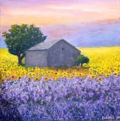 Selbstgemaltes Acrylbild auf Leinwand Valensole Provence 50 x 50 x 4 cm