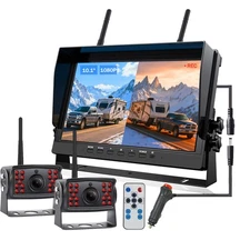 Wireless 2x AHD 1080P Backup Camera + 10" QUAD Monitor DVR for Truck RV Trailer