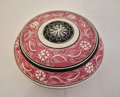 Vintage zypriotische Kunstkeramik Deckel Schmuckschatulle rot Blumen Sgraffito Schüssel 4''