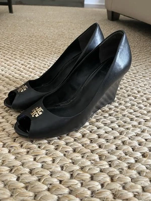 Tory Burch Black Leather Metal Logo Wedge Pumps Size 7 - Image 1 of 4