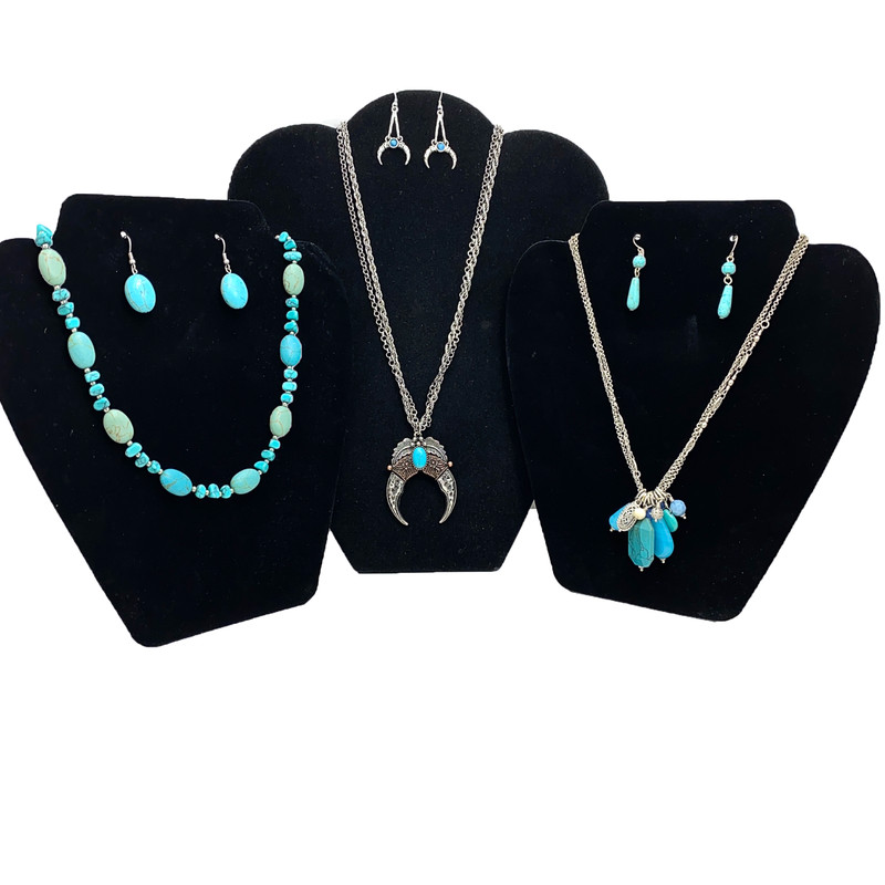 SOUTHWESTERN Necklace Earring Lot CHAPS LC Squash Blossom Faux Turquoise Silver