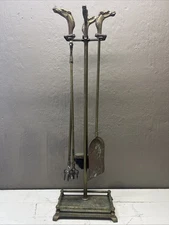 Solid Brass Fireplace Tool Set 4 Pc Horse Head Handles Art Deco 3 Tools + Stand