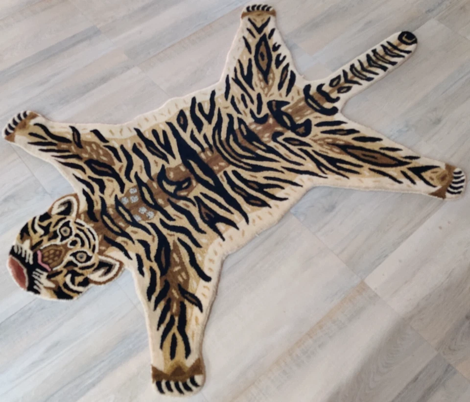 Alfombras hechas a mano Tigre Tibetano 4 x 6 para niños adolescentes alfombra acolchada a mano 100 % lana Foto 4 de 4