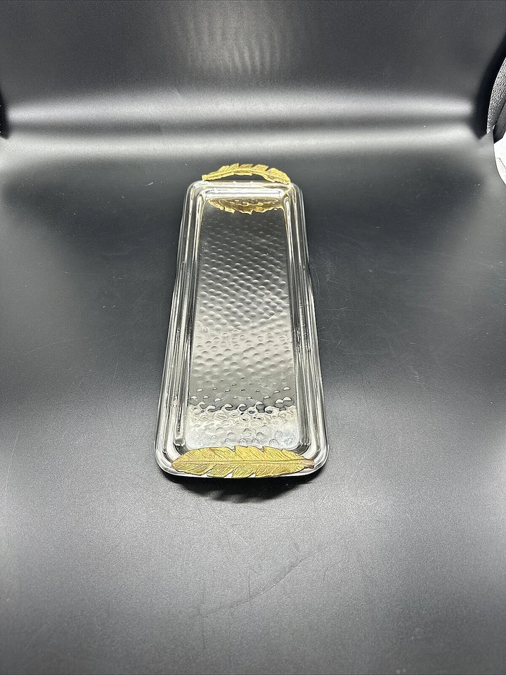 India Hammered Stainless Steel Brass Tray Badash Feathers Rectangle Serving 14" - Image 4 of 4