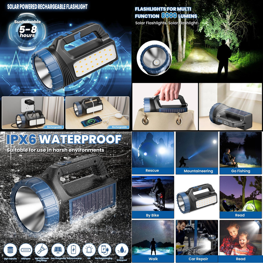 MEJOR Linterna LED Solar USB C Carga Rapida Acampar Hacer Senderismo 8000 Lum