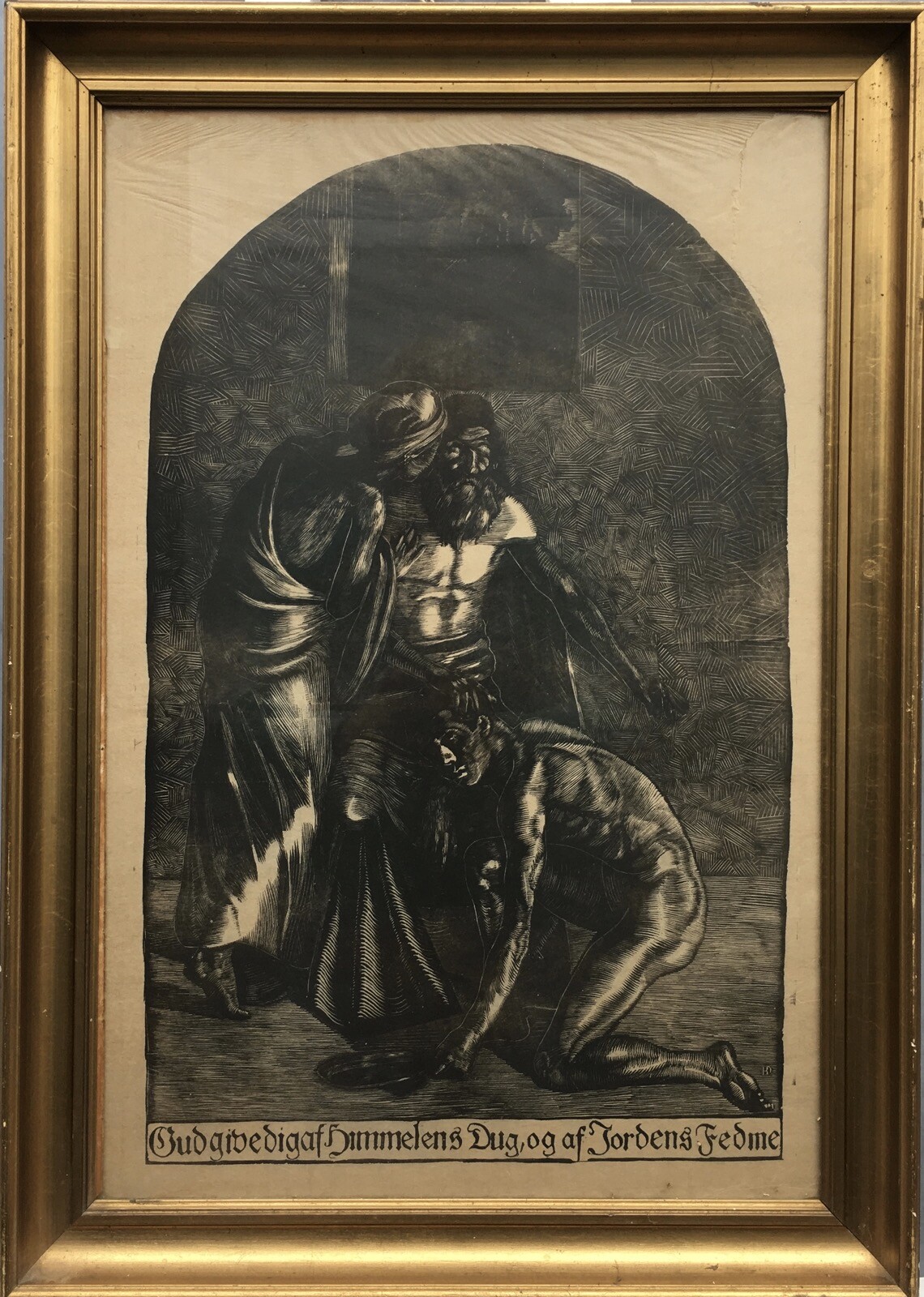 Holzschnitt Religiöse Szene Akt Jesus Christentum mit Monogramm Rahmen 67 x 50