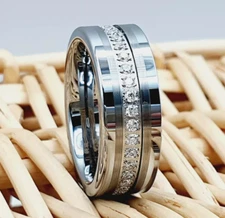 Silver Brushed Tungsten Wedding Ring, Men's CZ Eternity Engagement Band