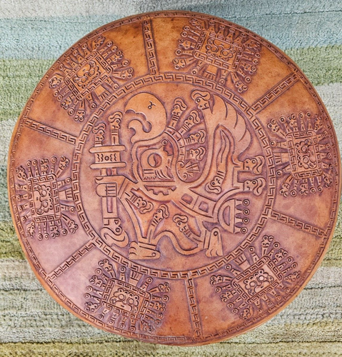 Leather Peruvian Embossed Ottoman Cover Hippie Drum Stool Large 20" Incan Patter - Picture 5 of 11
