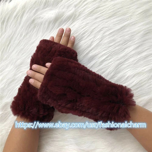 Womens Winter Real Rabbit Fur Gloves Knitted Stretch Fingerless Mitten Gloves - Picture 63 of 102