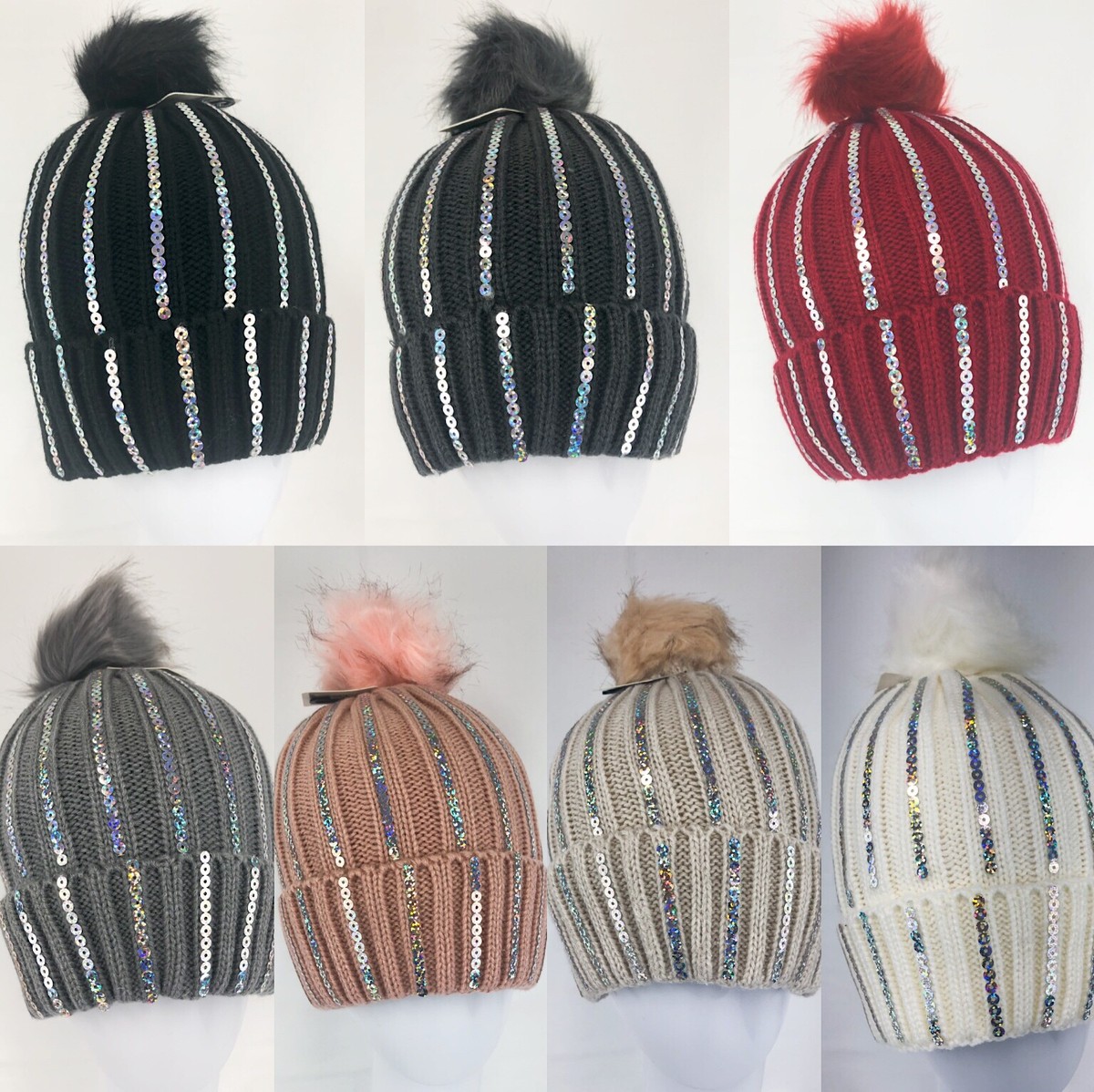Women Winter Warm Snow Ski Sequin Thick Knit Solid Color 