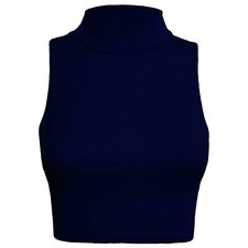 Womens Ladies Sleeveless Polo Turtle Neck Stretch Crop Vest Top 8-14