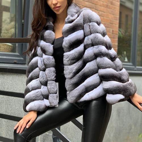 Fashion Farming Rex Rabbit Fur Jackets Lapel Winter Women Warm Coat Chinchilla - Picture 2 of 7