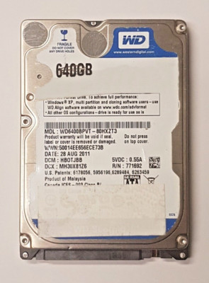 1169 HDD 500GB 640GB 正常 2.5インチ 10個 まとめ売り 640GB SATA Western Digital WD6400BPVT-80HXZT3 5400RPM 8MB HDD 2.5