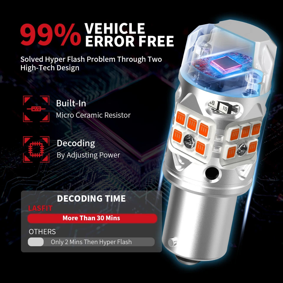 LASFIT CANBUS NO Hyper Flash 1156 BA15S 7506 1156A LED Amber Turn Signal Lights - Image 4 of 4