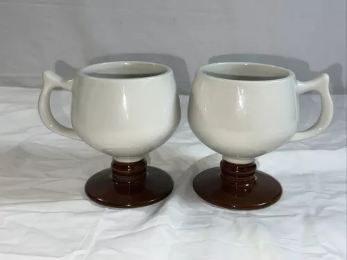 2-Vintage Hall Pottery Pedestal Irish Coffee Mug Tea Cup Brown & White USA 2274