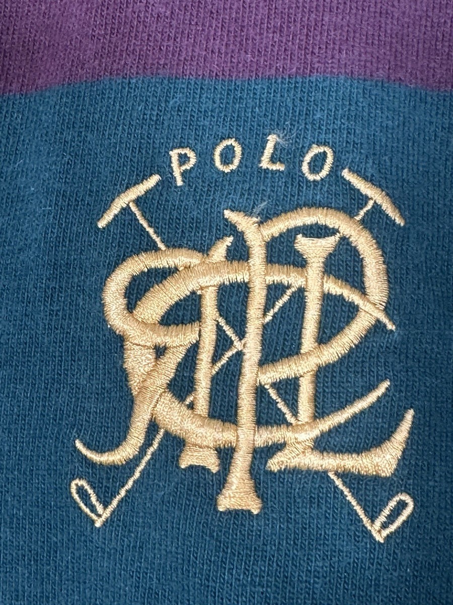 Polo Ralph Lauren Rugby Shirt Men Green Burgundy Striped Crest 90s