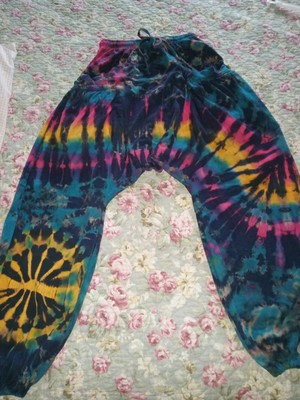 HAREM PANTS Bright Tie Dye Y2K BOHO Hippie Deep Pockets S/M Cotton Stretch...