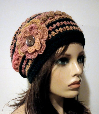 handmade crochet womans flower hat beanie sunny black puffs USA made