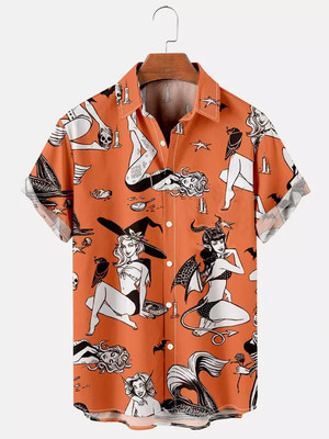 Orange Halloween Witch Girl Beauty Hawaiian Shirt 3D Over Print All S-5XL