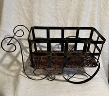 Vintage Distressed Style Metal And Rattan Basket Cart With Moving Wheels