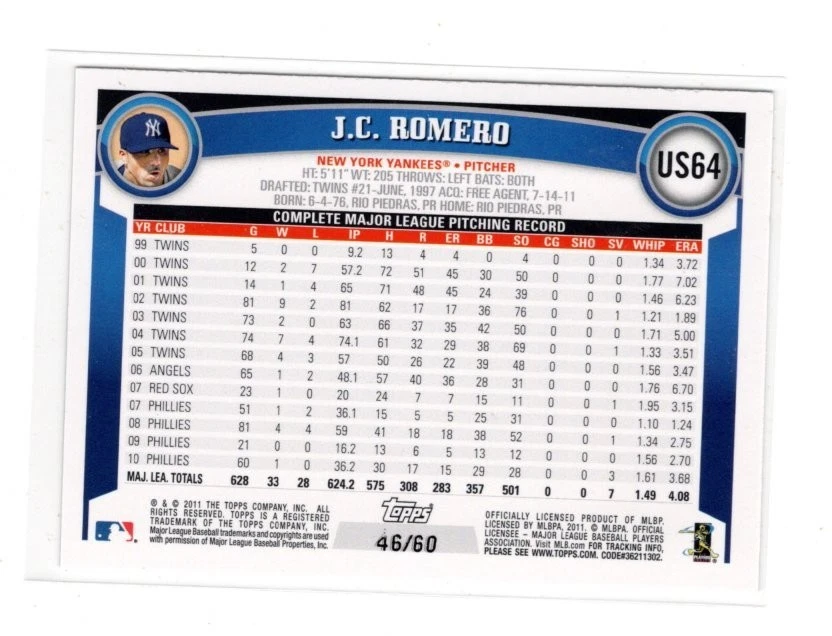 2011 Topps Update Hope Diamond Anniversary #US64 J.C. Romero #46/60 - Image 2 of 2